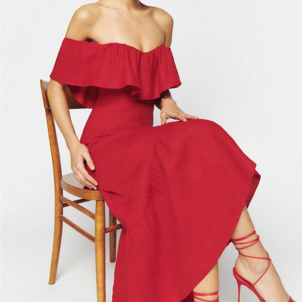 Reformation Baela Red Off-Shoulder Dress